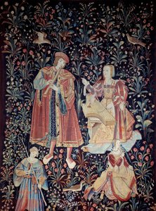 Seigneuriale Lifen esirippu: Konsertti Villasta ja silkistä valmistettu kuvakudos Alankomaissa noin 1520. Aurinko 2,6x3,7 m Pariisi, keskiajan kansallismuseo, Thermes de Cluny