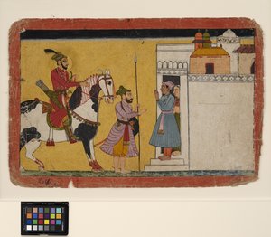 Metsästävä prinssi pysähtyy kodin ovella, n. 1700 (läpinäkymätön w/c ja kultaa paperilla)