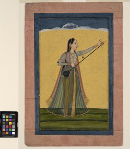 Nainen virittää tamburansa, n. 1740 (läpinäkymätön akvarelli paperille)