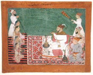 Rajah Deep Chand ja ystävät polttamassa vesipiippua, Bijapur, noin 1760 (guassi paperille).