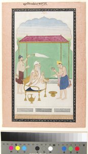 Ranjit Singh istuu kultatuolilla, mukana moraalin kantaja ja tarjoillaan n. 1830 (läpinäkymätön / c ja kulta paperilla)