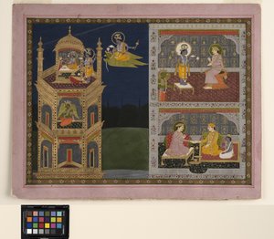 Vishnu lähestyy kultaista tornia Garudalla, n. 1825 (läpinäkymätön akvarelli ja kulta paperilla)