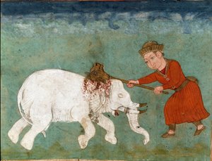 Islamilainen taide: Rostam (tai Rustam) myyttiset sankarit ja Zalin poika tappaa valkoisen norsun. Persialainen miniatyyri Ferdowsin (Firdawsi tai Ferdawsi tai Firdousi, noin 940-luvulla) eeppisen runon "Shahnameh" (Shah Nama, Shahnama) (Kuninkaiden kirja)