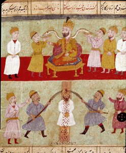 Islamilainen taide: kuningas edustaa huipulla vihollisen kidutuskohtauksen alapuolella hovimiesten ruokkimia käärmeitä. Persialainen miniatyyri Ferdowsin (Firdawsi) eeppisen runon "Shahnameh" (Shah Nama, Shahnama) (Kuninkaiden kirja) käsikirjoituksesta.