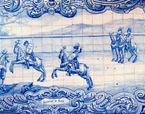 Ratsastaja harjoittelee Alcanciasin peliä Portugalissa. Azulejos. Italian suurlähetystö, Lissabon