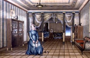 Spinster in a Neo-classical Sitting Room Interior, n. 1835 (akvarelli korostuksella paperille) tekijältä School Russian