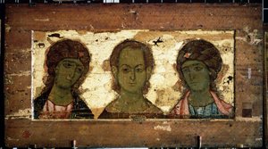 Kristus Emmanuel arkkienkelit Mikaelin ja Gabrielin ympäröimänä (Kristus Emmanuel arkkienkelit Mikaelin ja Gabrielin kanssa). Venäläinen ikoni, tempera puulla, 1100-luvun loppu. Vladimirin taide (Venäjä). Valtion Tretjakovin galleria, Moskova (Venäjä). tekijältä School Russian