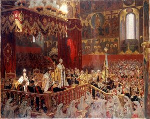 Nikolai II:n kruunaus vuonna 1896 Moskovan Ousenskin katedraalissa - Anonyymi venäläinen maalaus tekijältä School Russian