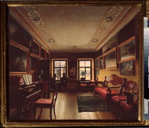 Huoneessa. (Kaksi miestä keskustelemassa huoneen ikkunan edessä, jossa on piano, maalauksia koristeltu). Venäläisen mestarin maalaus, öljy kankaalle, noin 1830. Venäläistä taidetta tekijältä School Russian