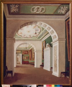Huonesarja Stroganov-palatsissa Pietarissa. Venäläisen mestarin maalaus, öljy kankaalle, noin 1840. Venäläistä taidetta tekijältä School Russian