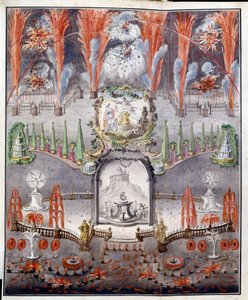 Ilotulitus ja valaistus 17. syyskuuta 1747 Gostilitsyssä (Venäjä). Nimetön työ, akvarellivärinen kuparikaiverrus, 1700-luvun puoliväli. venäläistä taidetta tekijältä School Russian