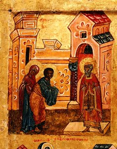 Ikoni, joka kuvaa Joachimia ja Annaa vierailemassa Jerusalemin temppelissä, n. 1550 (tempera & kultalehti paneelissa) (314500:n yksityiskohta) tekijältä School Russian