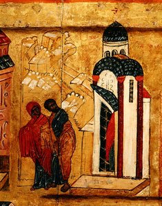 Ikoni, joka esittää, että Joachimin ja Annan lahjat hylättiin heidän lapsettomuutensa vuoksi, n. 1550 (tempera & kultalehti paneelissa) (314500 yksityiskohta) tekijältä School Russian
