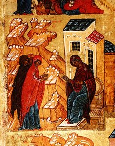 Ikoni, jossa Neitsyt valitsee kankaan värit, noin 1550 (tempera ja lehtikulta paneelilla) (yksityiskohta kuvasta 314500). tekijältä School Russian