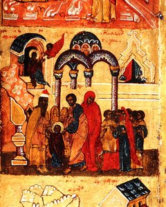 Neitsyt Marian lapsuutta ja hänen Jumalalle omistautumistaan kuvaava ikoni, noin 1550 (tempera ja lehtikulta paneelilla) (kuva 314500). tekijältä School Russian