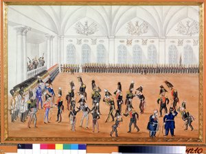 Kaartin paraati. Anonyymi maalaus. Akvarelli paperille, noin 1820. Venäläinen taide, satiiri. A. Pushkinin muistomuseo, Pietari. tekijältä School Russian