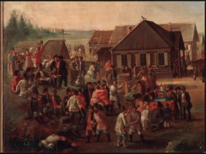 Julkiset juhlat Alekseevskojeen kylässä. Venäläisen mestarin maalaus, öljy kankaalle, 1800-luvun puoliväli. Valtion Tretjakovin galleria, Moskova. tekijältä School Russian