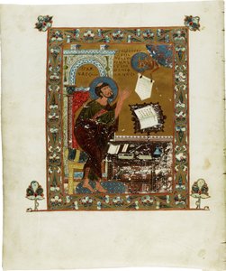 Ostromirin evankeliumit. Diakoni Gregoryn (aktiivinen 1054-1057) luoma teos suojelijalleen Posadnik Ostromirille Novgorodilaiselle, akvarelli pergamentille tekijältä School Russian