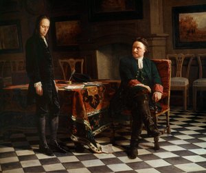 Pietari I Suuren (1672-1725), Venäjän tsaarin ja hänen poikansa Aleksiksen (1690-1718) muotokuva Venäläisen koulun maalaus tekijältä School Russian