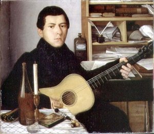 Nuoren miehen muotokuva kitaran kanssa, n. 1830 (öljy kankaalle) tekijältä School Russian