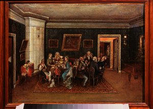 Iltavastaanotto. (Arkielämän kohtaus, perhe ja ystävät ovat kokoontuneet ruokapöydän ympärille). Venäläisen mestarin maalaus, öljy kankaalle, 1800-luvun puoliväli. Valtion kirjallisuuden keskusmuseo, Moskova. tekijältä School Russian