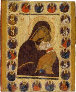Venäläinen ikoni : Our Lady of Helness ja valittujen pyhien kanssa. Tempera paneelissa, 1400-luvun toinen puolisko, Historian ja taiteen museo, Suzdal tekijältä School Russian