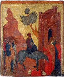 Venäläinen ikoni: Kristuksen tulo Jerusalemiin. Tempera paneelissa, 1400-luvun toinen puolisko, Historian ja taiteen museo, Suzdal tekijältä School Russian