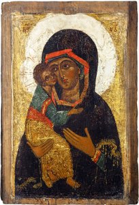 Venäläinen ikoni: Vladimirin neitsyt. Tempera paneelissa, 1400-luvun ensimmäinen puolisko, Historian ja taiteen museo, Suzdal tekijältä School Russian