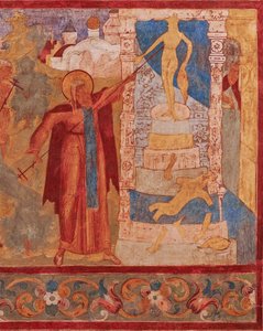 Rostovin pyhä Abraham (kuolevainen vuonna 1074 tai 1077) detruit les idoles de Veles - Rostovin Abraham tuhoaa Velesin patsaan. Fresko Pyhän Johanneksen apostolin kirkosta Rostovin Kremlissä - antiikin venäläisiä freskoja. Viileä tekijältä School Russian