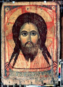 ""Saint Mandylion"" Esitys Kristuksen kasvoista painettuina verhoon (pyhät kasvot). Venäjän ikoni. Maalausta puulle 1300-luvun lopun valtion Tretjakovin galleria, Moskova tekijältä School Russian