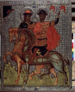 Pyhät Boris (tai Roman) ja Gleb (tai Daavid) hevosen selässä (marttyyrit vuonna 1015) (Pyhät Boris ja Gleb hevosen selässä). Kiovan suurprinssin Pyhän Vladimirin nuoremmat pojat erottuivat aina hurskaudestaan, mutta isänsä, vanhimman Svian kuoltua tekijältä School Russian