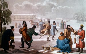 Luistelijat Pietarissa. Litografia, venäläinen koulu tekijältä School Russian
