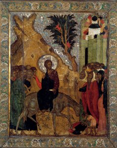 Kristuksen kirjautuminen Jerusalemiin Venäjän ikoni 1560. Moskova, Kremlin museot. tekijältä School Russian