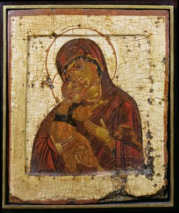 Vladimirin Jumalanäiti, venäläinen ikoni, Pihkovan koulu, 1400-luvun loppu (tempera paneelissa) tekijältä School Russian