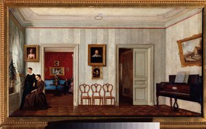 Pieni huone, jossa on piano. (Ja kaksi naista katsomassa ulos ikkunasta). Venäläisen mestarin maalaus, öljy kankaalle, 1800-luvun puoliväli. Valtion Tretjakovin galleria, Moskova. tekijältä School Russian