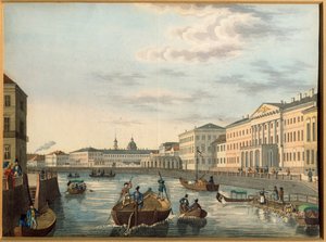 Näkymä Fontanka-joelle Pietarissa. Nimetön teos, litografia, vesiväritetty, n. 1820. Venäläistä taidetta tekijältä School Russian