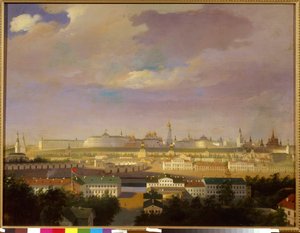 Näkymä Moskovan Kremliin Mars-aukiolta (Bolotnaja). Nimetön maalaus, öljy kankaalle, 1800-luvun puoliväli. Venäläinen taide, uusklassismi. Valtion historiallinen museo, Moskova. tekijältä School Russian