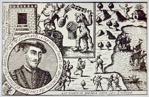 Juan de Grijalvan johtamat espanjalaiset laskeutuvat Yucatanille ja taistelevat Maya-sotureiden kanssa Champotonin taistelussa toukokuussa 1518 (litho) tekijältä School Spanish