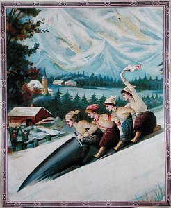 Matkailijoita laskettelemassa, 1900-luvun alku (värilitografia) tekijältä School Swiss