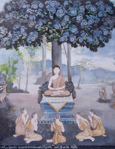 Fresko, joka kuvaa kohtausta Buddhan elämästä, Wat Phra That Doi Suthep -temppeli (fresko). tekijältä School Thai