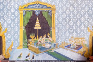 Fresko, joka kuvaa kohtausta Buddhan elämästä, Wat Phra That Doi Suthep -temppeli. tekijältä School Thai