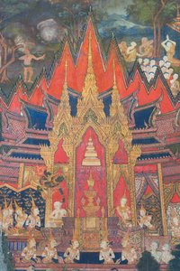 Buddhaisawan-kappelin seinämaalaukset, joissa Indra laskeutuu taivaasta pian Buddhan polttohautauksen jälkeen ja sieppaa arvokkaimman jäännöksen, brahminin hiuspehkoon kätketyn hampaan. tekijältä School Thai