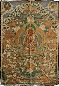 Amitabha (puhtaan maan buddha) - Tiibetin maalaus, pigmentit ja kulta kankaalla, 1800-luvun loppu, 74x51 cm - (Amitayus Buddha Thangka, Tiibetin kulttuuri, Pigmenttejä ja kultaa tekstiileissä, 1800-luvun loppu) - Yksityiskokoelma