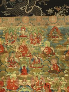 Yksityiskohta kolmannesta panchen-lamasta Losan Penden Yeshe (guassi kankaalla) tekijältä School Tibetan