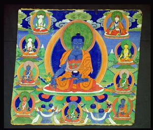 Thangka-maalaus, joka esittää Lääketieteen Buddhaa, tiibetiläistä Bhaishajyaguru (Menla)