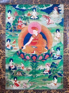 Lama Rje-grags Rtod Iha-pa-pa-dang Graps halolla ja lukuisten mahasiddhan (joogien) ympäröimänä, asui Intiassa ja Tiibetissä (7.-11. vuosisata), guassi kankaalla tekijältä School Tibetan
