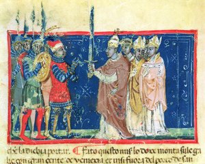 Codex Correr I 383 Paavi Aleksanteri III (1105-81) lahjoittaa miekan dogen Sebastiano Zianille (pergamentti). tekijältä School Venetian