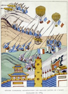 Tonkinese-juliste, joka kuvaa Ranskan armeijan vangittuja ilmapalloja vuonna 1884. tekijältä School Vietnamese