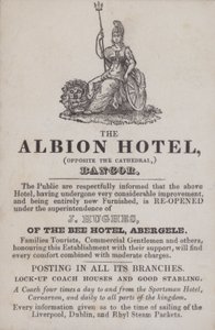 Mainos Albion-hotellista, Bangor, Pohjois-Wales (kaiverrus) tekijältä School Welsh