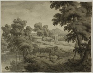 Italianate maisema, jossa on linna, puut ja vesi etualalla tekijältä School of Nicolas Poussin